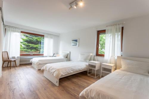 a white room with two beds and two windows at city-house-bühl in Bühl