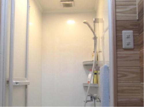 Yakushima Park Guesthouse في ياكوشيما: حمام مع دش في زاوية الغرفة
