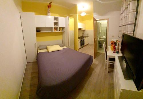 a bedroom with a bed and a desk and a television at Apartments Sinković in Dubrovnik