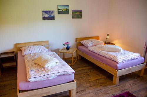 2 Betten nebeneinander in einem Zimmer in der Unterkunft Ferienwohnung Bad Münder in Bad Münder am Deister