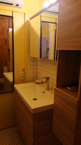 a bathroom with a sink and a mirror at Studio Le Boussolenc in Les Orres
