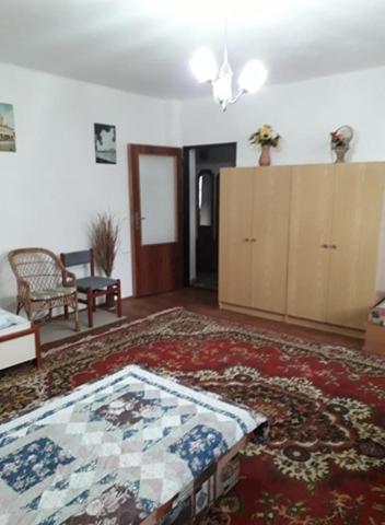 a living room with a bed and a large rug at Ladislav in Spišské Vlachy