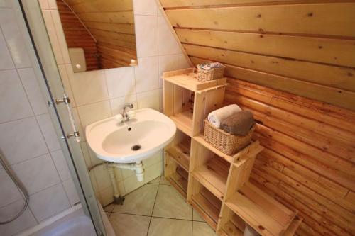 a small bathroom with a sink and a shower at Erdő Kapitánya Vendégház in Tata