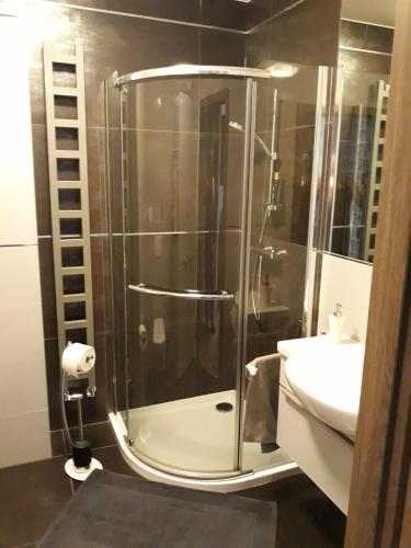 a bathroom with a shower and a sink at Apartament 303 z Garażem Osiedle Polanki in Kołobrzeg