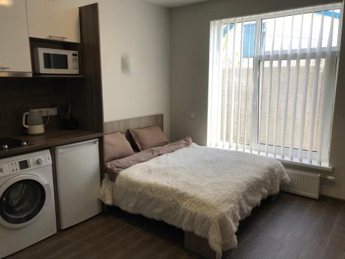 um quarto com uma cama e uma máquina de lavar roupa em вулиця 8-го Березня Апартаменты em Myrhorod