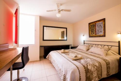 una camera con letto, scrivania e specchio di Apartamentos El Cortijo a Playa de las Americas