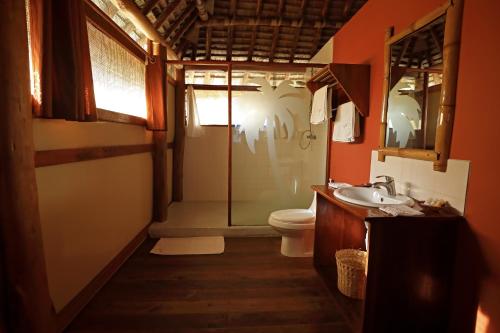 uma casa de banho com um WC, um lavatório e um espelho. em Barry's Beach Resort em Mkwaja