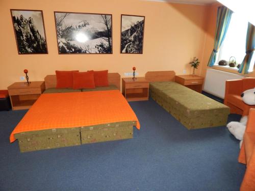 sypialnia z 2 łóżkami i kanapą w obiekcie Apartmány v Terchovej w Tierchowej