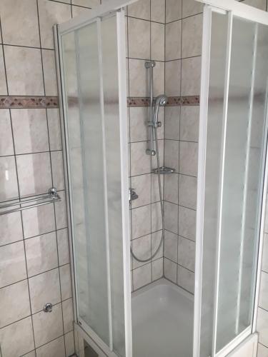 a shower with a glass door in a bathroom at Villa Lovric in Primošten