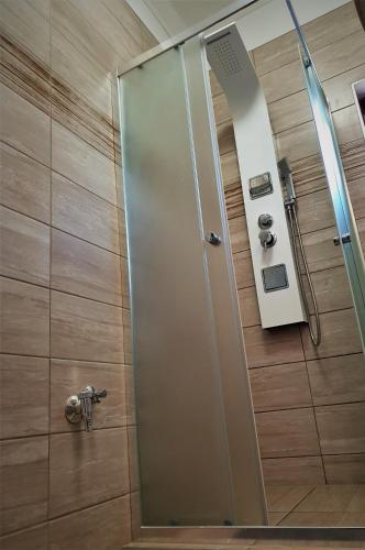 a shower with a glass door in a bathroom at Varga Vendégház in Tiszakécske