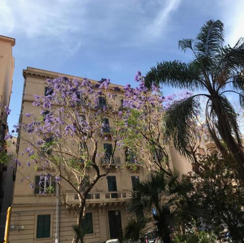 un edificio con alberi da fiore viola di fronte ad esso di B&B Da Bibi a Palermo