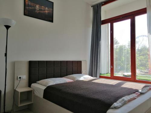 1 dormitorio con cama y ventana en Zoom-Budapest Apartments, en Budapest