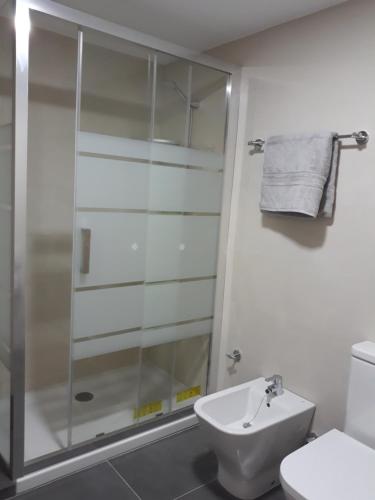 a bathroom with a shower and a toilet and a sink at Canovas by the Bull Ring in Málaga