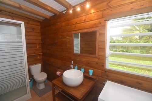 bagno con servizi igienici, lavandino e finestra di padjembel a Lamentin
