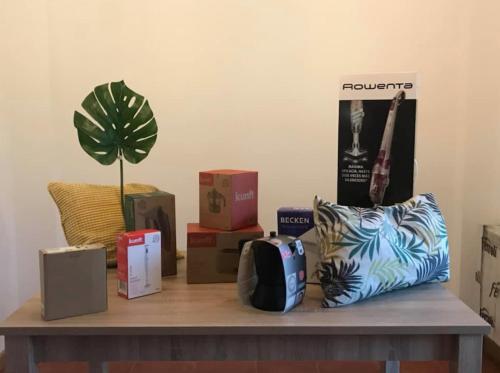 a table with boxes and a potted plant on it at Las Casitas de Santillana in Santillana del Mar