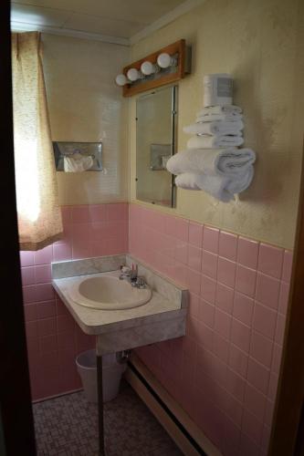 a pink bathroom with a sink and a mirror at Mid-City Motel in Sault Ste. Marie