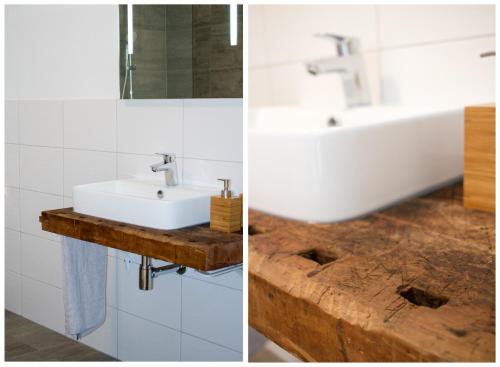 2 Bilder eines Badezimmers mit einem Waschbecken und einer Badewanne in der Unterkunft Riverside Apartment in Tarrenz