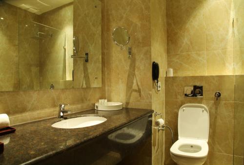 a bathroom with a sink and a toilet at Hotel WJ Grand in Jalandhar