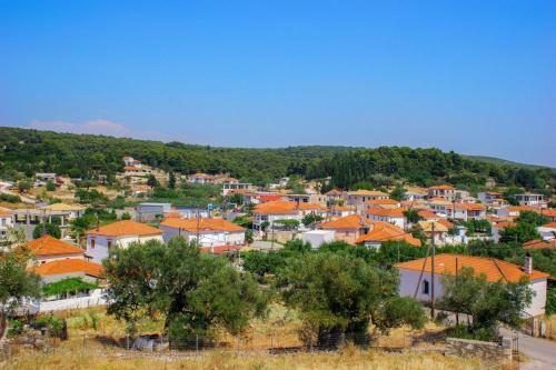a town with orange roofs and houses on a hill at STERNES house in Agios Leon