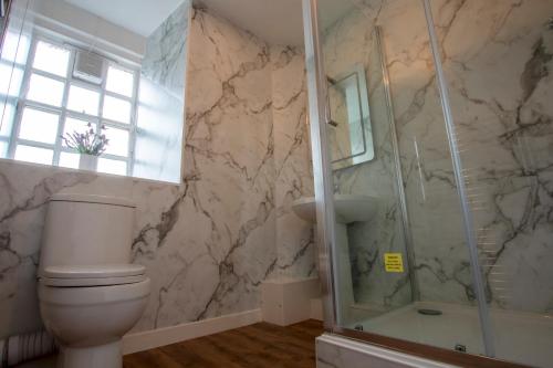 a bathroom with a toilet and a shower at Cadell House Apt - Royal Mile in Edinburgh