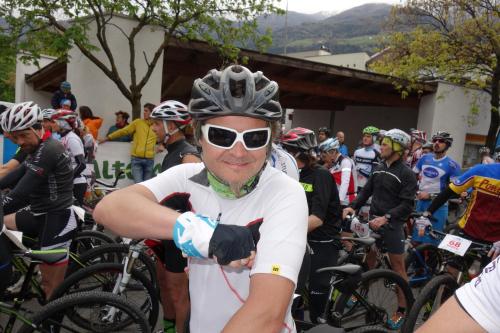 a man with a helmet and a group of cyclists at Berghotel Tyrol in Senales