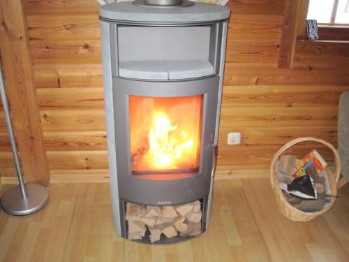 a fireplace in a living room with a fire in it at Holzhaus am Silbersee in Frielendorf
