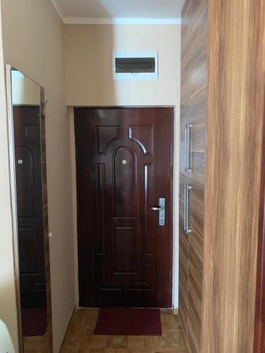 uma porta de madeira escura num quarto com um espelho em Apartment Tamara em Budva