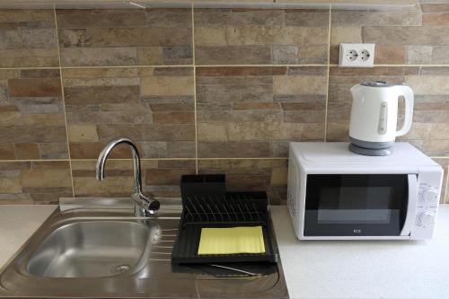 a kitchen counter with a sink and a microwave at Stone gate in Zagreb