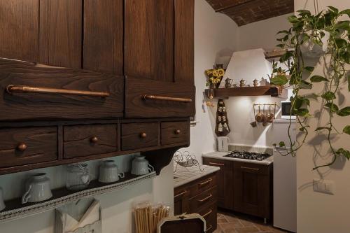 フィレンツェにあるLa Casetta Sull'Arnoのキッチン(木製キャビネット、コンロ付)