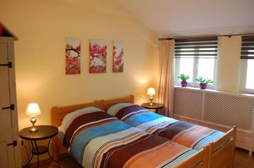 een slaapkamer met een bed met 2 tafels en 2 lampen bij B&B Ferme Knaapen in Neeritter