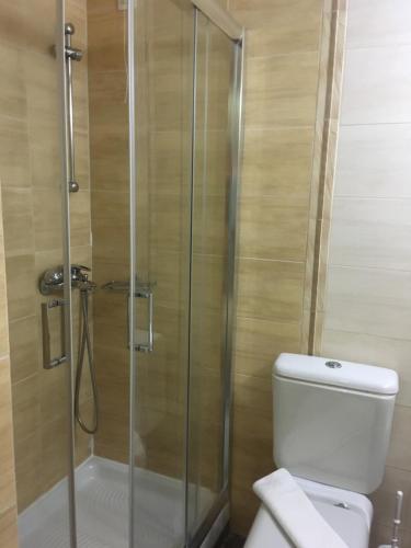 uma casa de banho com um WC e uma cabina de duche em vidro. em Jason Hotel Apartments em Rethymno Town