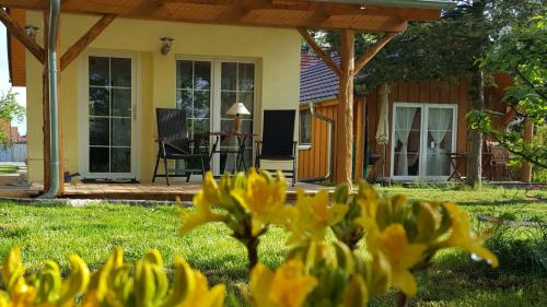 a house with yellow flowers in the yard at Ferienwohnung Niesky in Niesky