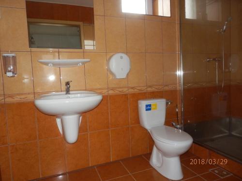 een badkamer met een wastafel, een toilet en een douche bij Flóra Vendégház Tass in Tass