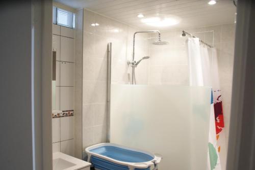 een badkamer met een douche en een blauw toilet bij Gite Louvre Opale in Desvres
