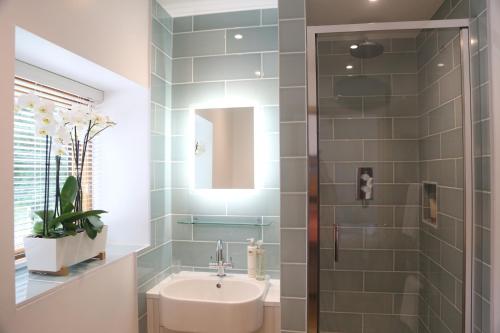 een badkamer met een wastafel en een douche bij Hedges House in Buckingham