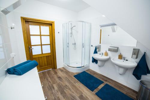 a bathroom with a shower and a toilet and a sink at Apartament Miejski in Wisła