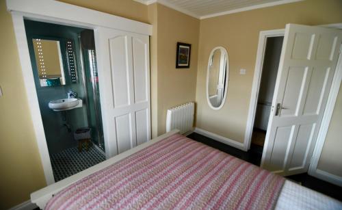 een slaapkamer met een bed en een wastafel bij The Old Cottage in Doolin