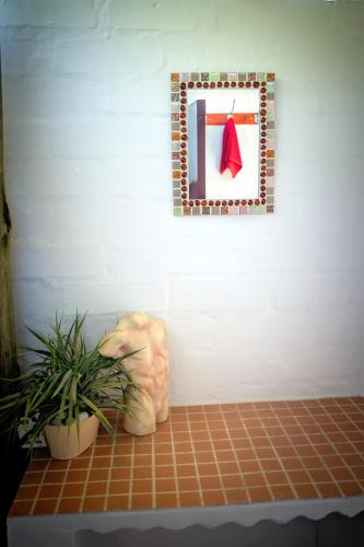 a table with a plant and a picture on a wall at Kalahari Camelthorn Guesthouse and Camping in Askham