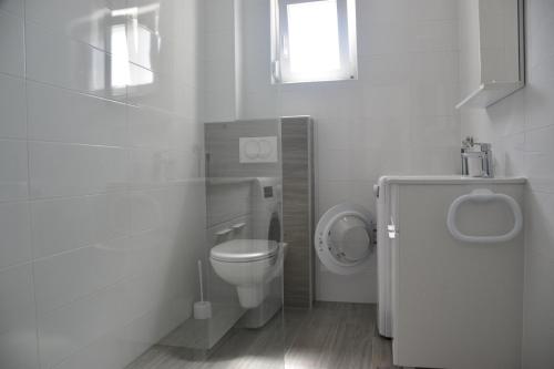 bagno bianco con servizi igienici e finestra di Apartments Mino a Ražanac (Rasanze)