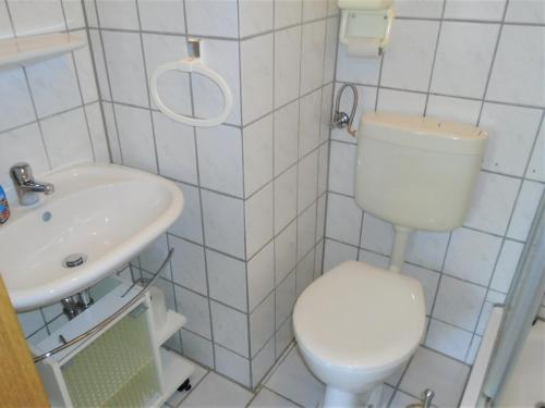 ein weißes Bad mit einem WC und einem Waschbecken in der Unterkunft Erbgericht in Bad Schandau