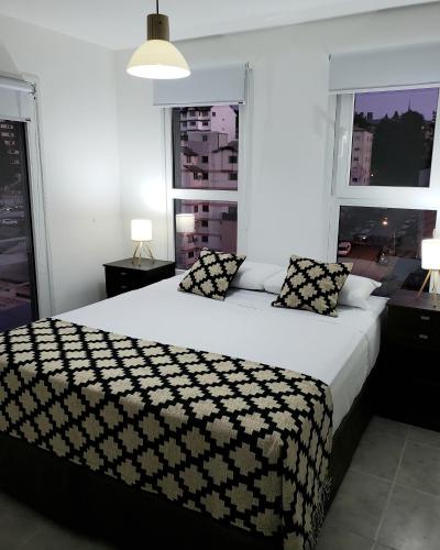 a bedroom with a large bed and two windows at Bariloche Apartment in San Carlos de Bariloche