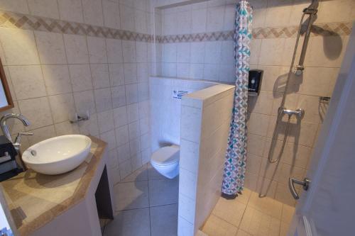 een badkamer met een toilet, een wastafel en een douche bij Luxury Studio Needlefish at Den Laman in Kralendijk