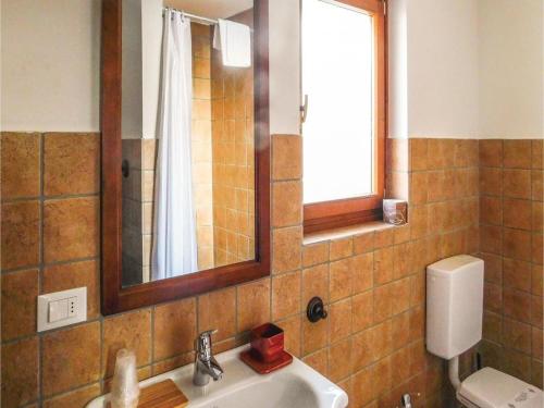 uma casa de banho com um lavatório, um espelho e um WC. em Albergo Diffuso Comeglians em Comeglians