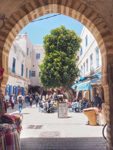 an archway over a street with a tree in a city at Riad Zawia in Essaouira