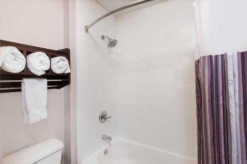 a bathroom with a shower and a toilet and towels at La Quinta by Wyndham Goodlettsville - Nashville in Goodlettsville