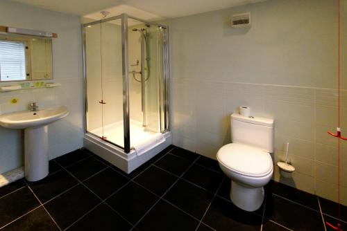 a bathroom with a shower and a toilet and a sink at Three Queens Hotel in Burton upon Trent