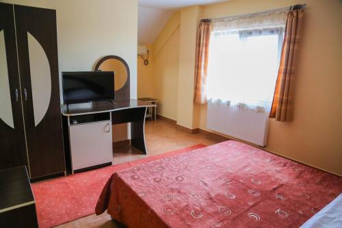 um quarto com uma cama, uma televisão e uma janela em Pensiunea Alexia em Iaşi