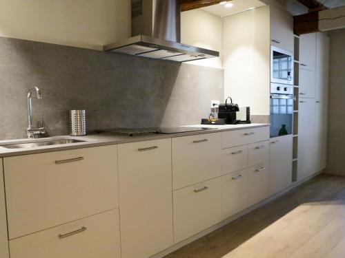 a kitchen with white cabinets and a sink at El Oasis de la Estafeta in Pamplona
