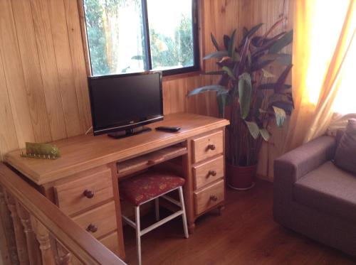 TV en un tocador de madera en una habitación en Hostal Monica, en Pucón