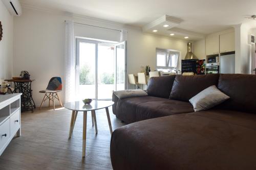 a living room with a brown couch and a table at Solymar in Posedarje
